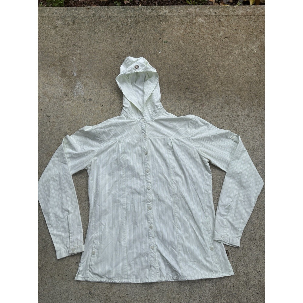 Kuhl Fishing Shirt Women's Large Green UPF Hoodie Button Up Vented Long Sleeve